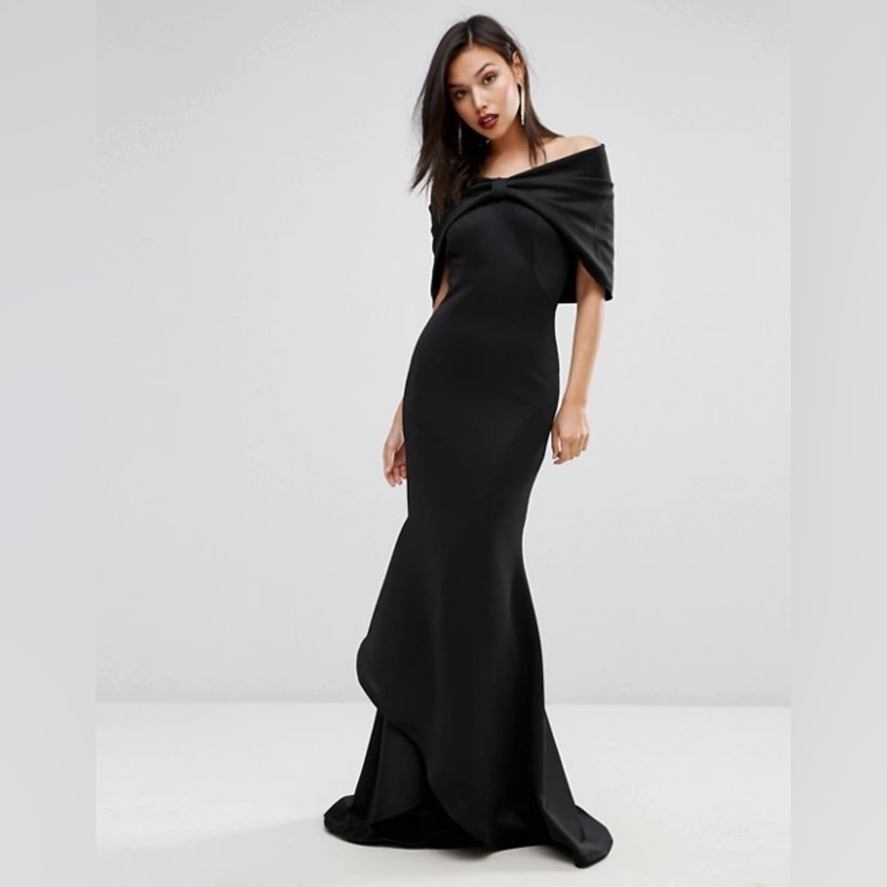Club L Bardot Bow Detail Scuba Fishtail Red Carpet Dress